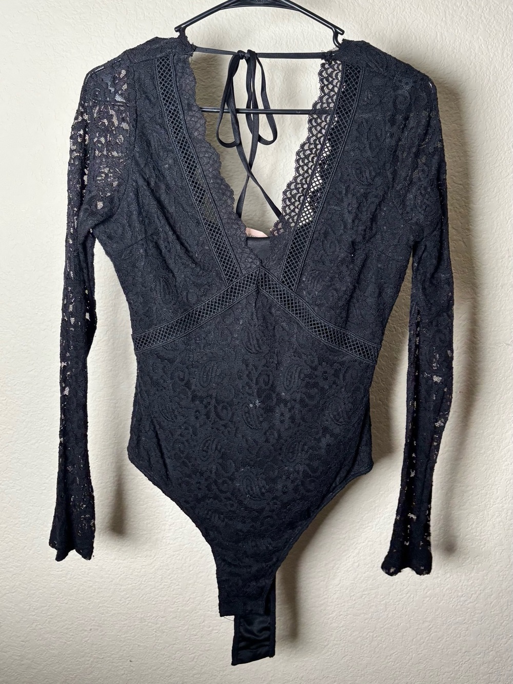 Black Lace Long-Sleeve V-Neck Bodysuit with Tie Back